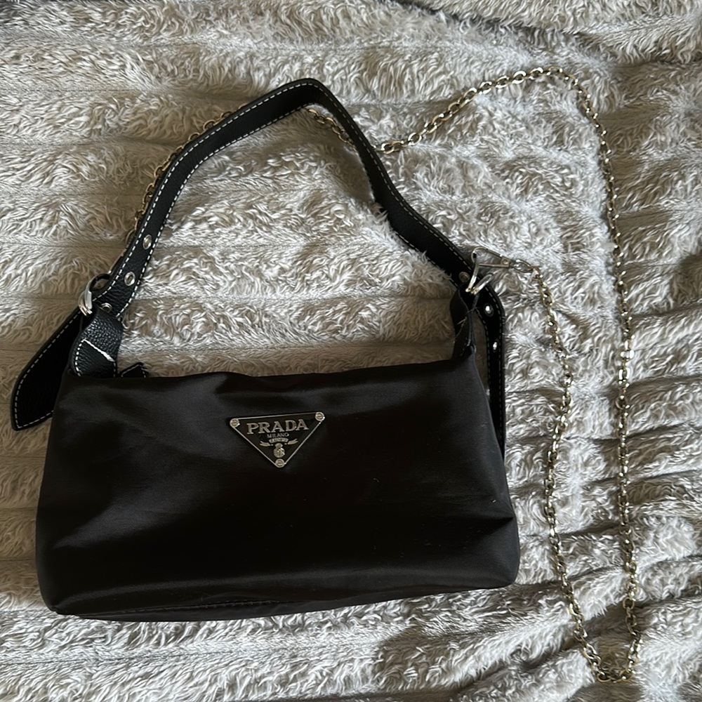 Prada Black Nylon Shoulder Bag with Silver Chain